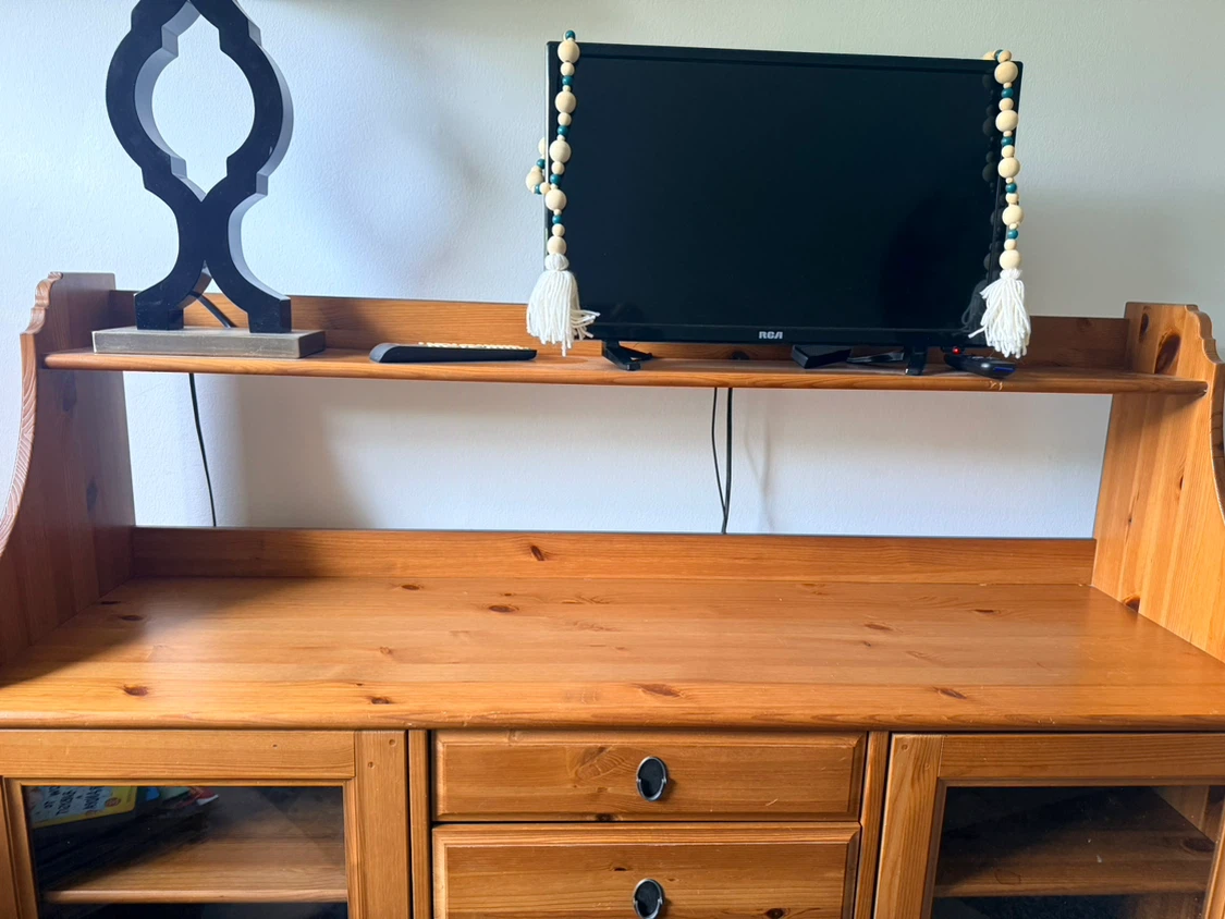 Wooden Media Console with Glass Doors and Drawers