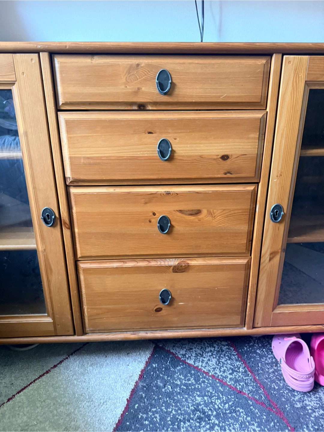 Wooden Media Console with Glass Doors and Drawers - photo 4
