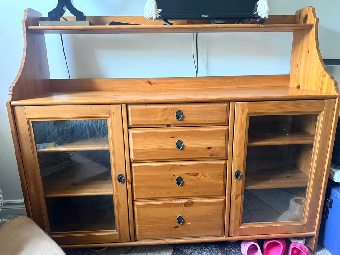 Wooden Media Console with Glass Doors and Drawers - photo 5
