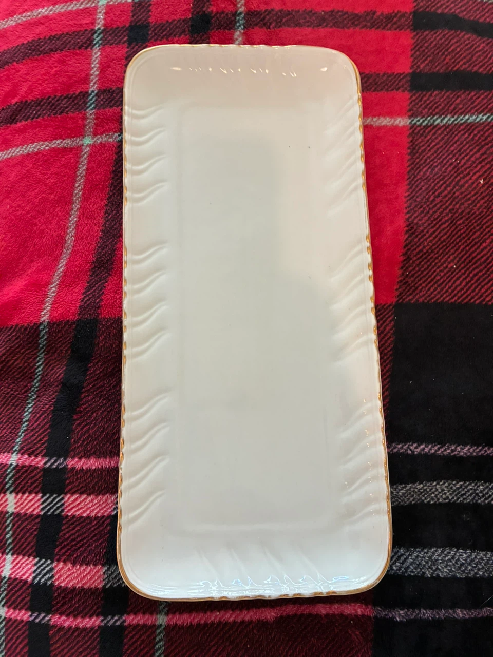 White Rectangular Serving Platter with Gold Trim