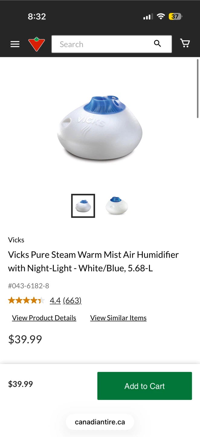 Vicks Pure Steam Warm Mist Air Humidifier White/Blue 5.68-L
