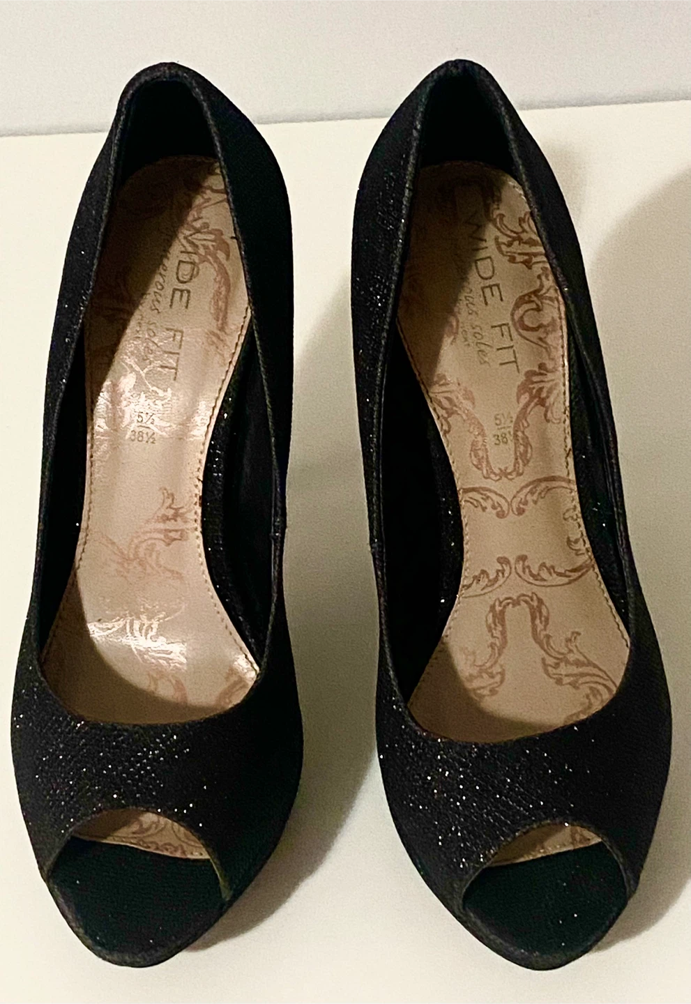Black Glitter Peep-Toe Heels - Size 5.5 Wide Fit