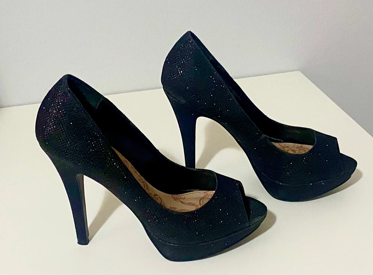 Black Glitter Peep-Toe Heels - Size 5.5 Wide Fit - photo 2