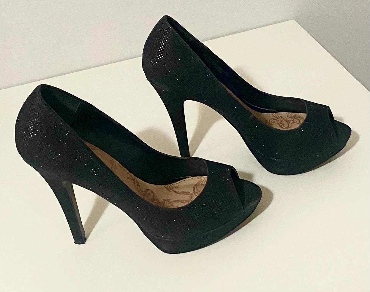 Black Glitter Peep-Toe Heels - Size 5.5 Wide Fit - photo 5