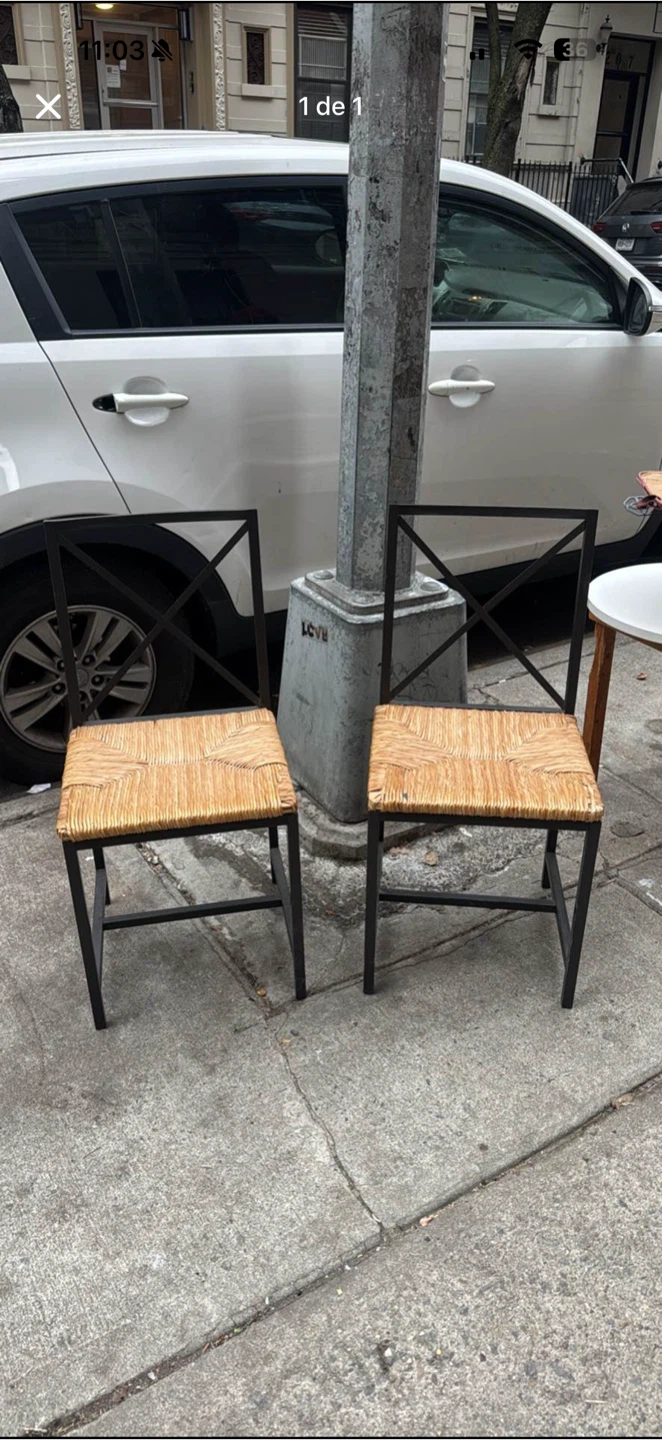 Black Metal Frame Chairs with Woven Seats (Set of 2)