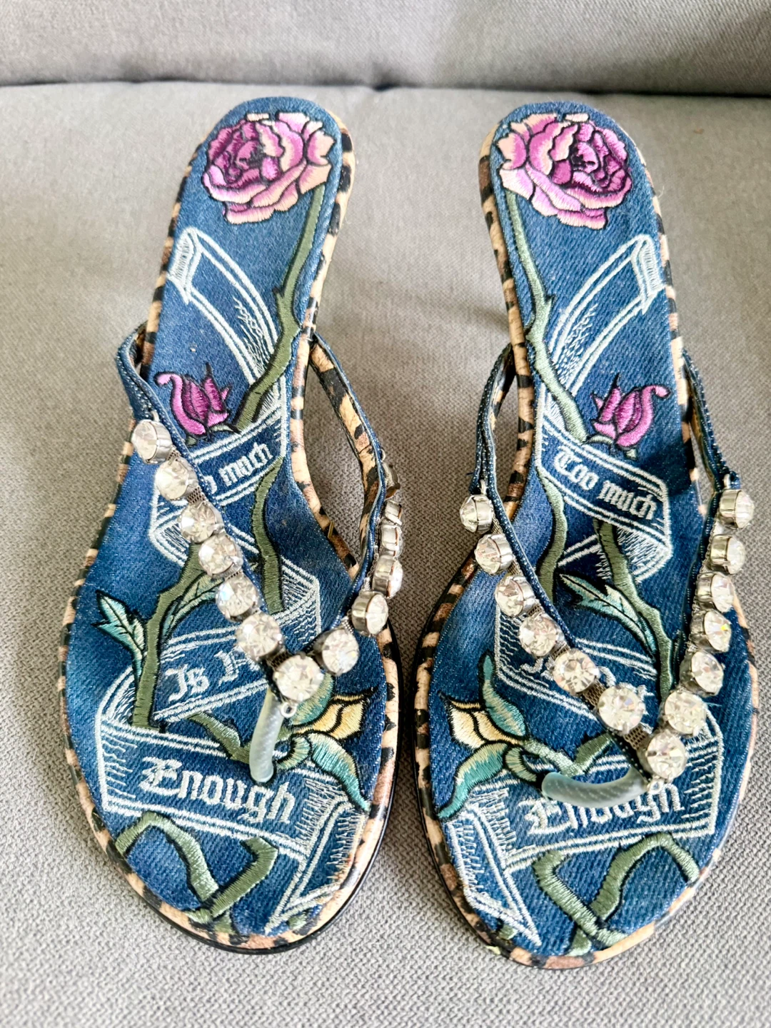 Beverly Feldman Designer Rhinestone Denim Sandals Size 9.5