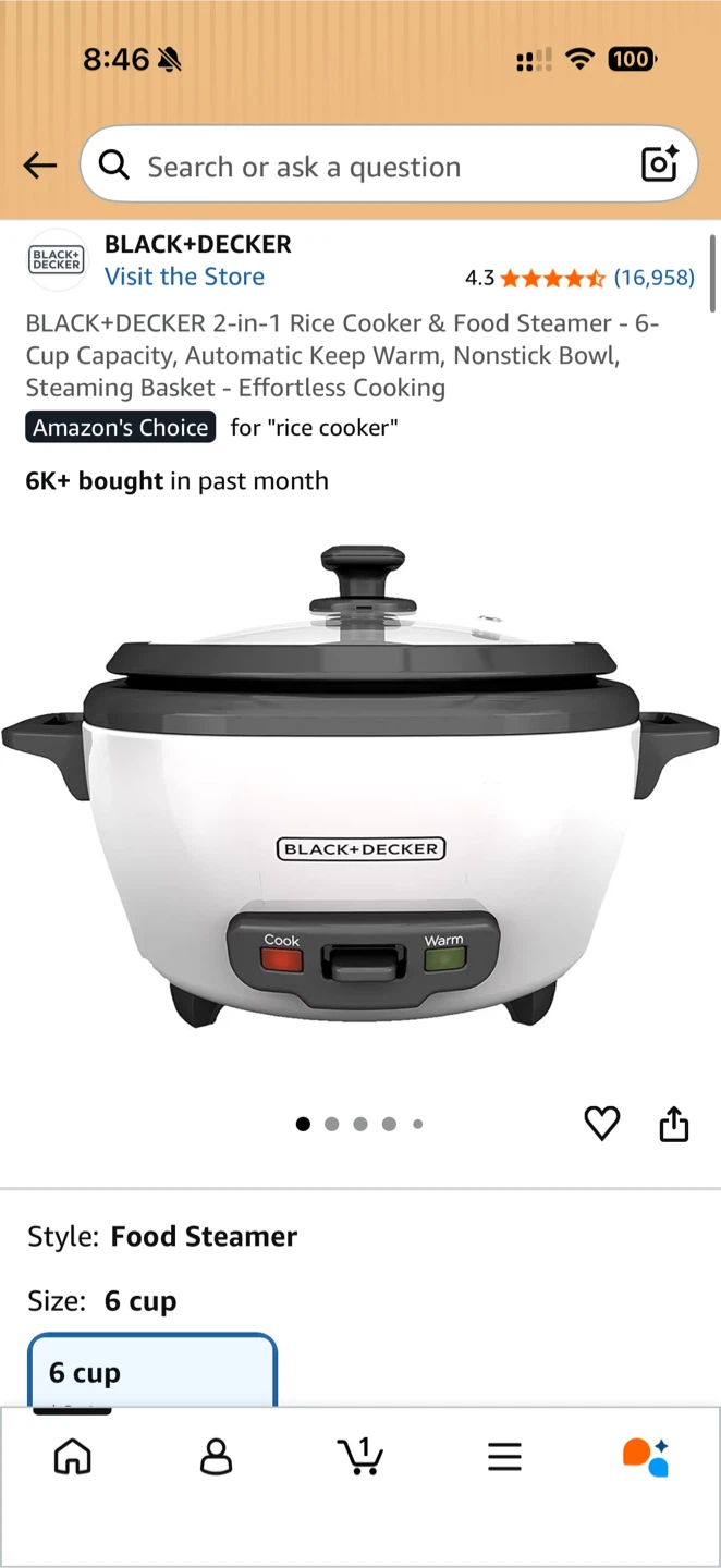 BLACK+DECKER 2-in-1 Rice Cooker & Food Steamer - 6-Cup Capacity