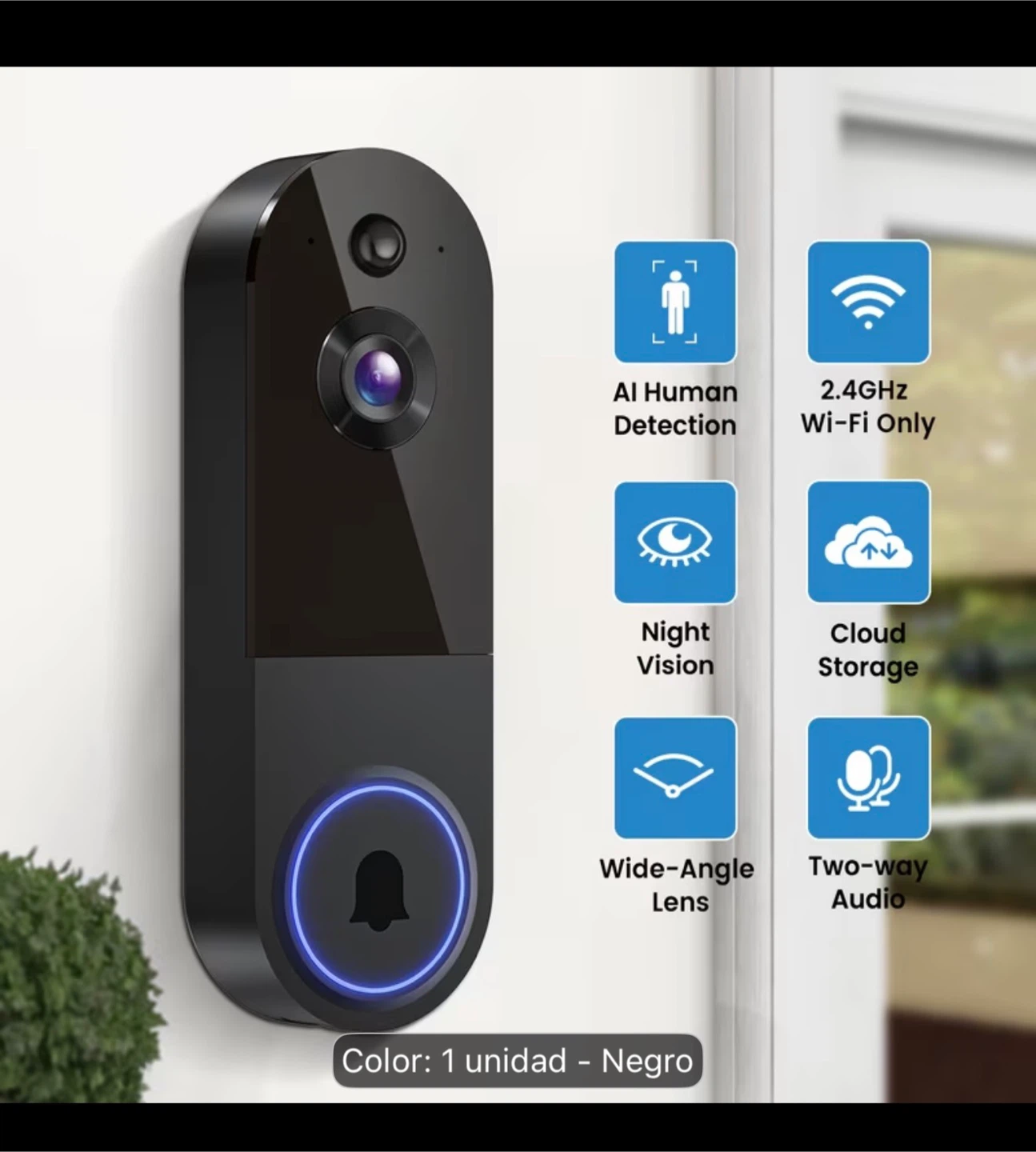 Black Smart Doorbell Camera with AI Human Detection