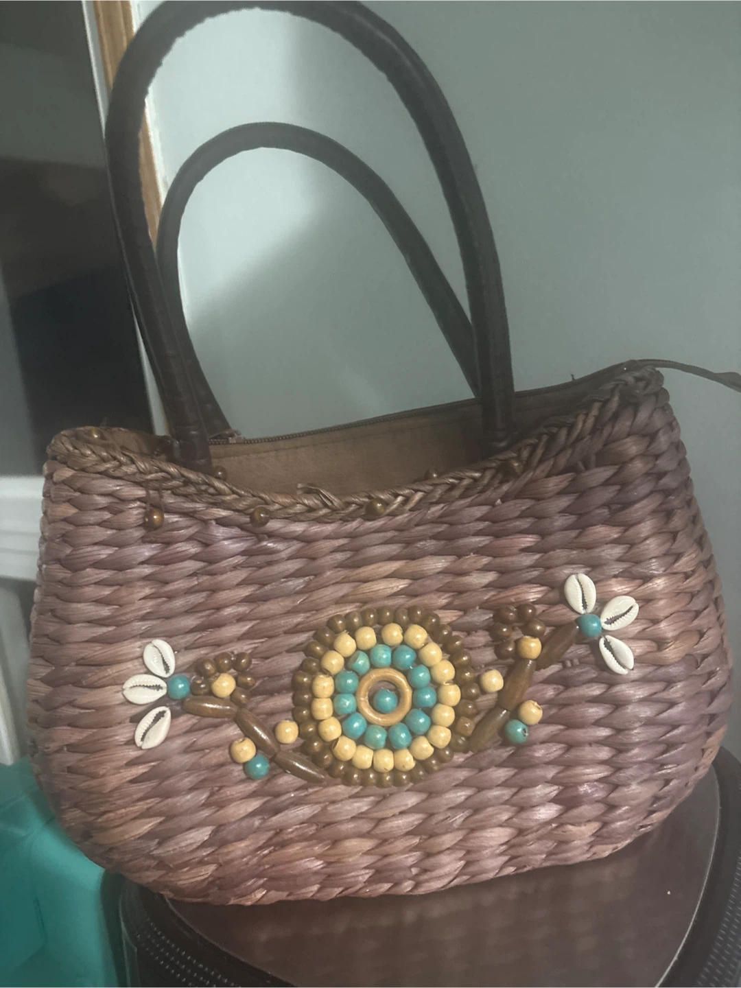 Woven Straw Handbag with Beaded Detail