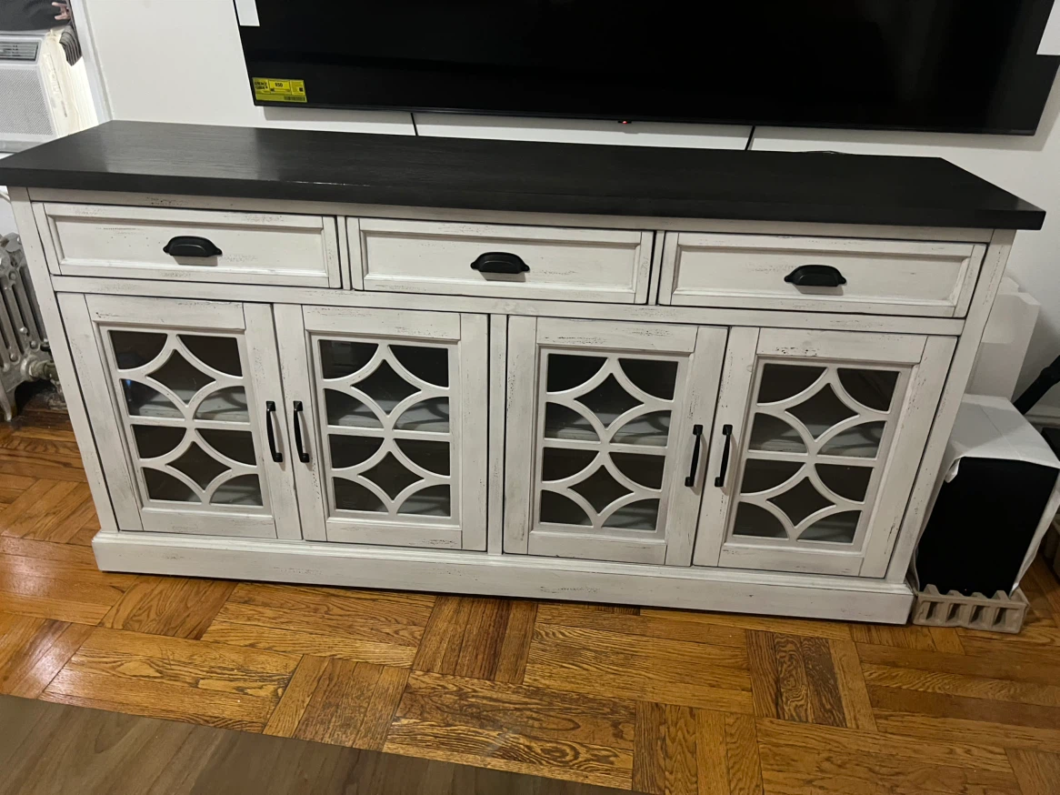 White Wood Console Table with Glass Doors