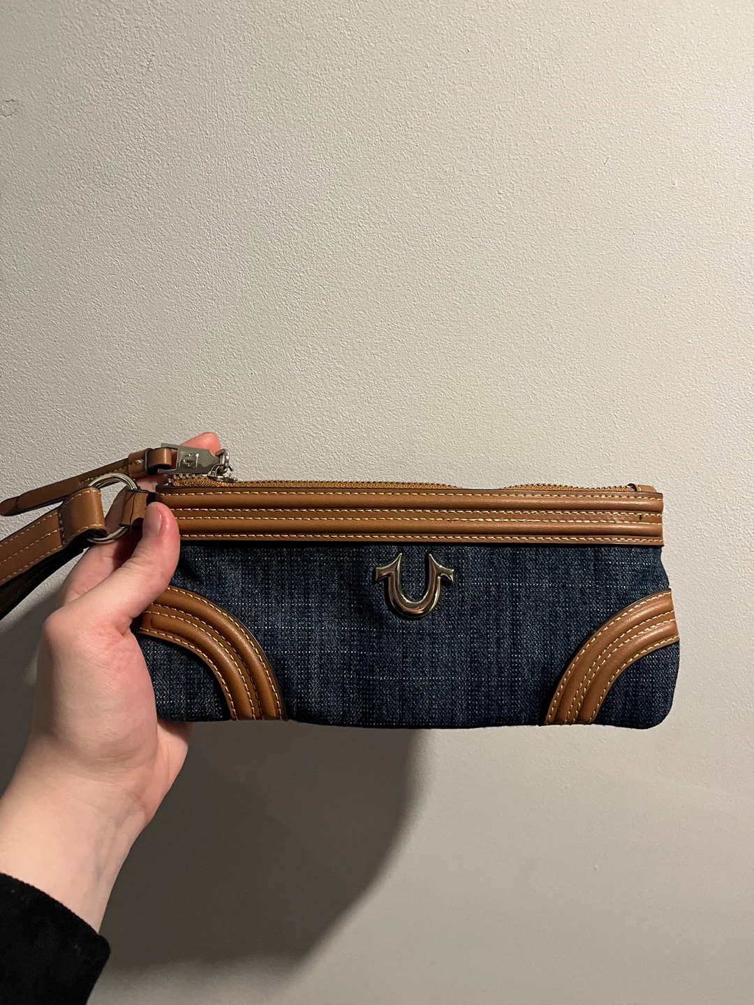 True Religion Denim & Leather Wristlet Pouch