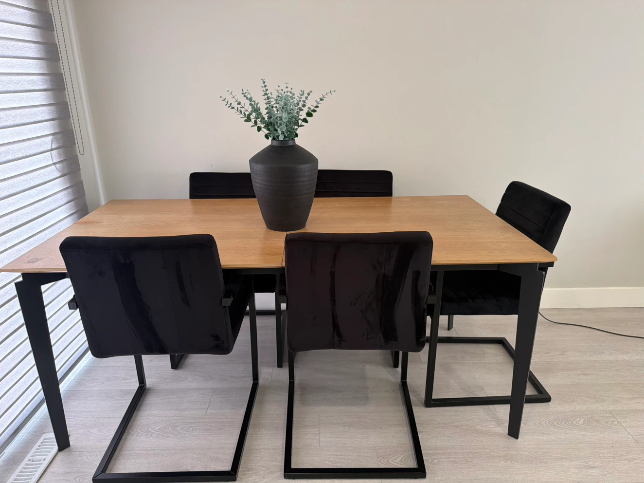 Wooden Dining Table with 5 Black Velvet Chairs