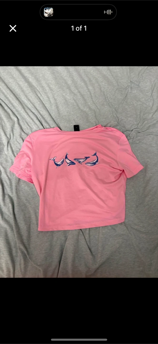 Cute, pink crop top with beautiful blue whales (size M women’s)