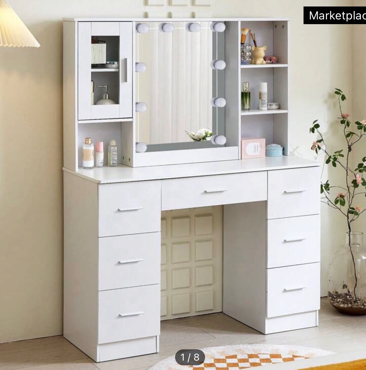 White Vanity Desk with Lights and Mirror