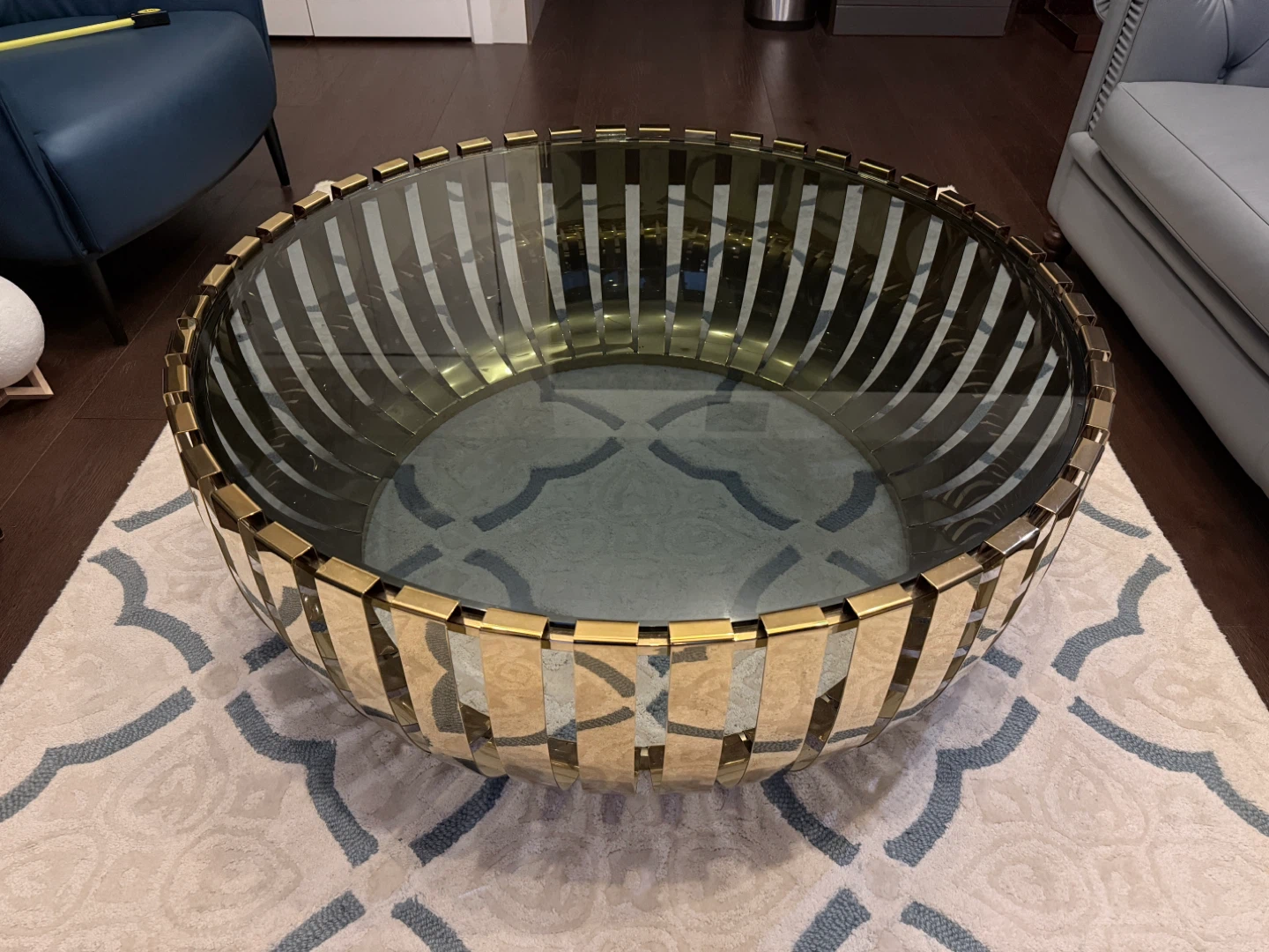 Large Coffee Table, tinted Glass and Gold Frame diameter 42”