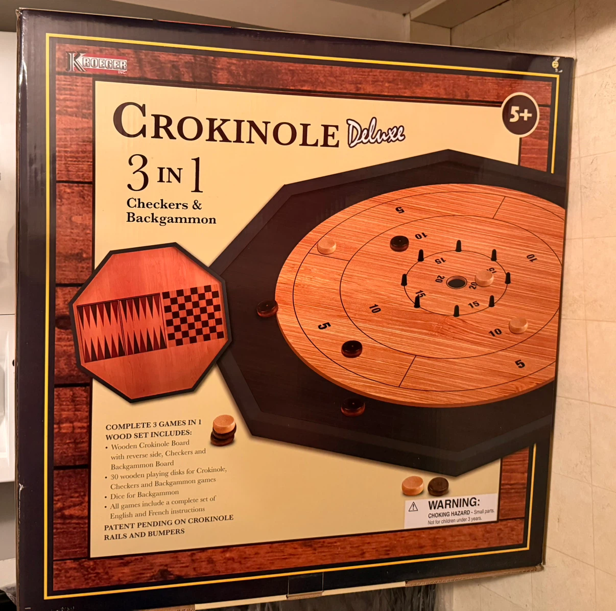 3-in-1 Crokinole Deluxe Game w/ Checkers & Backgammon