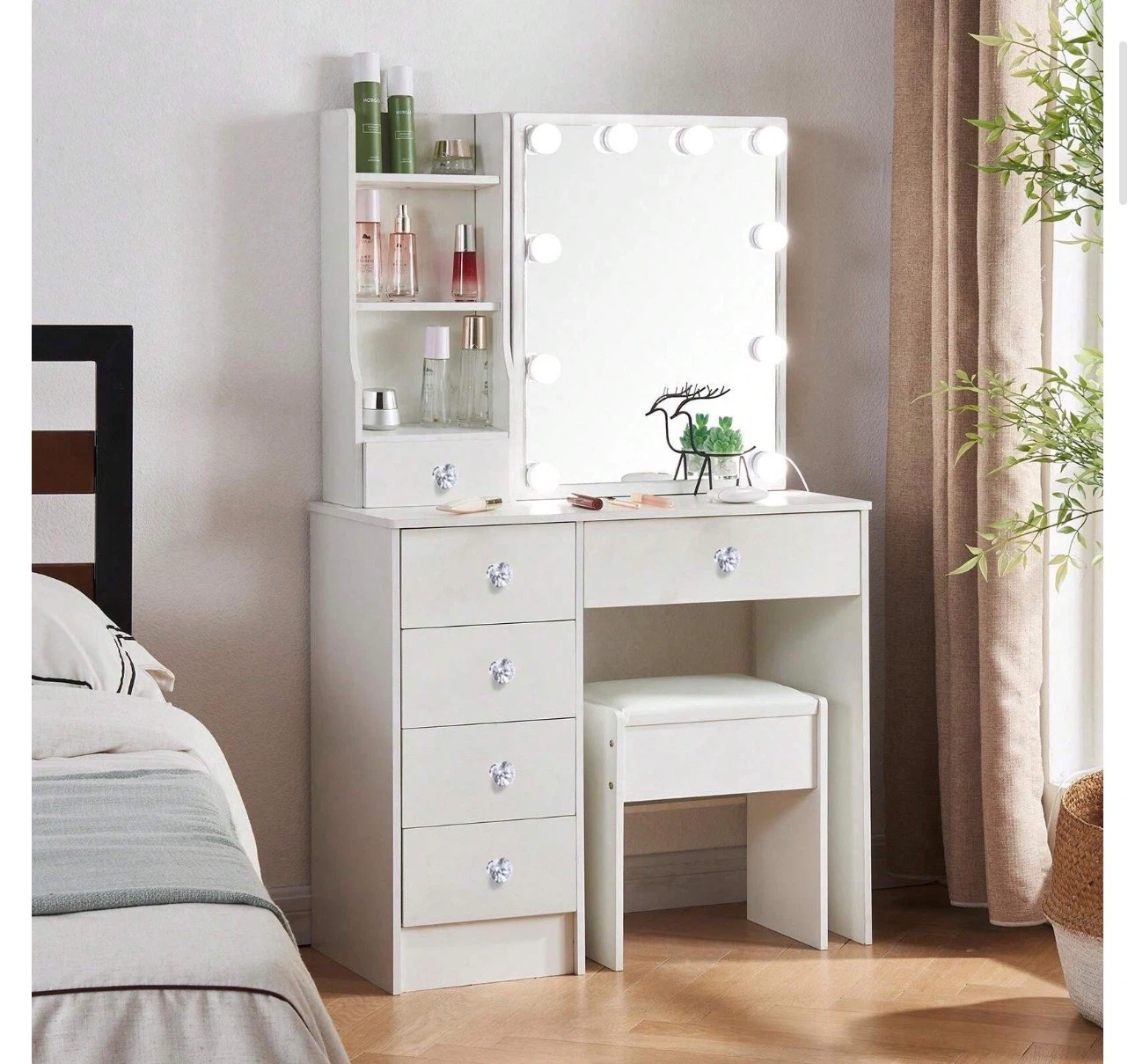 White Vanity Table with Lighted Mirror and Stool
