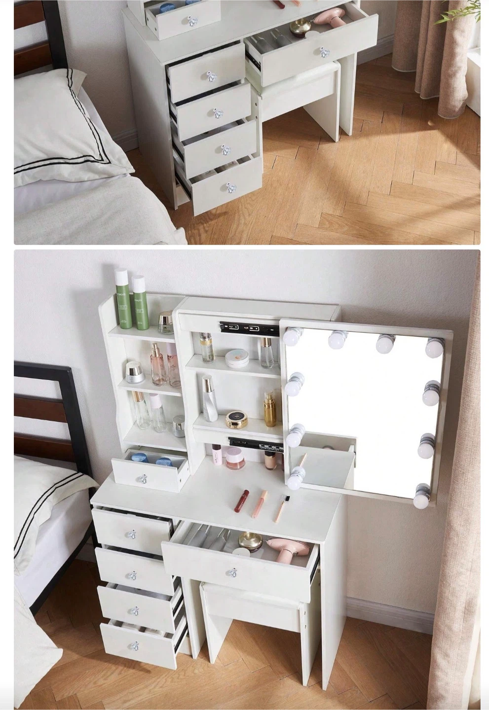 White Vanity Table with Lighted Mirror and Stool - photo 2