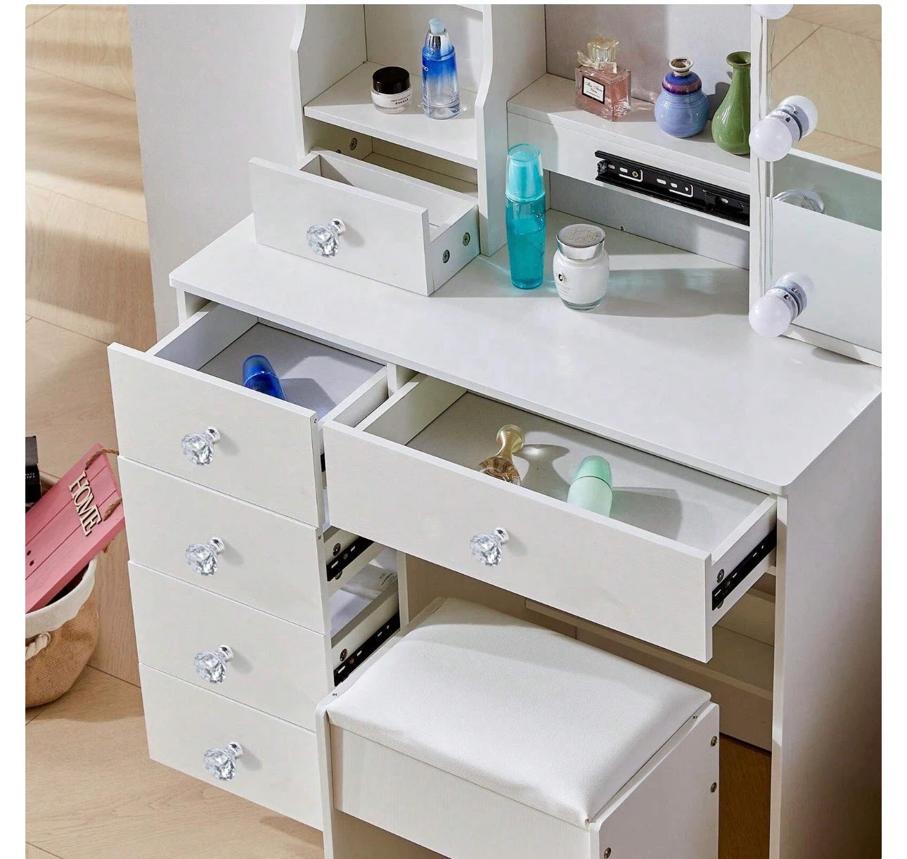 White Vanity Table with Lighted Mirror and Stool - photo 4