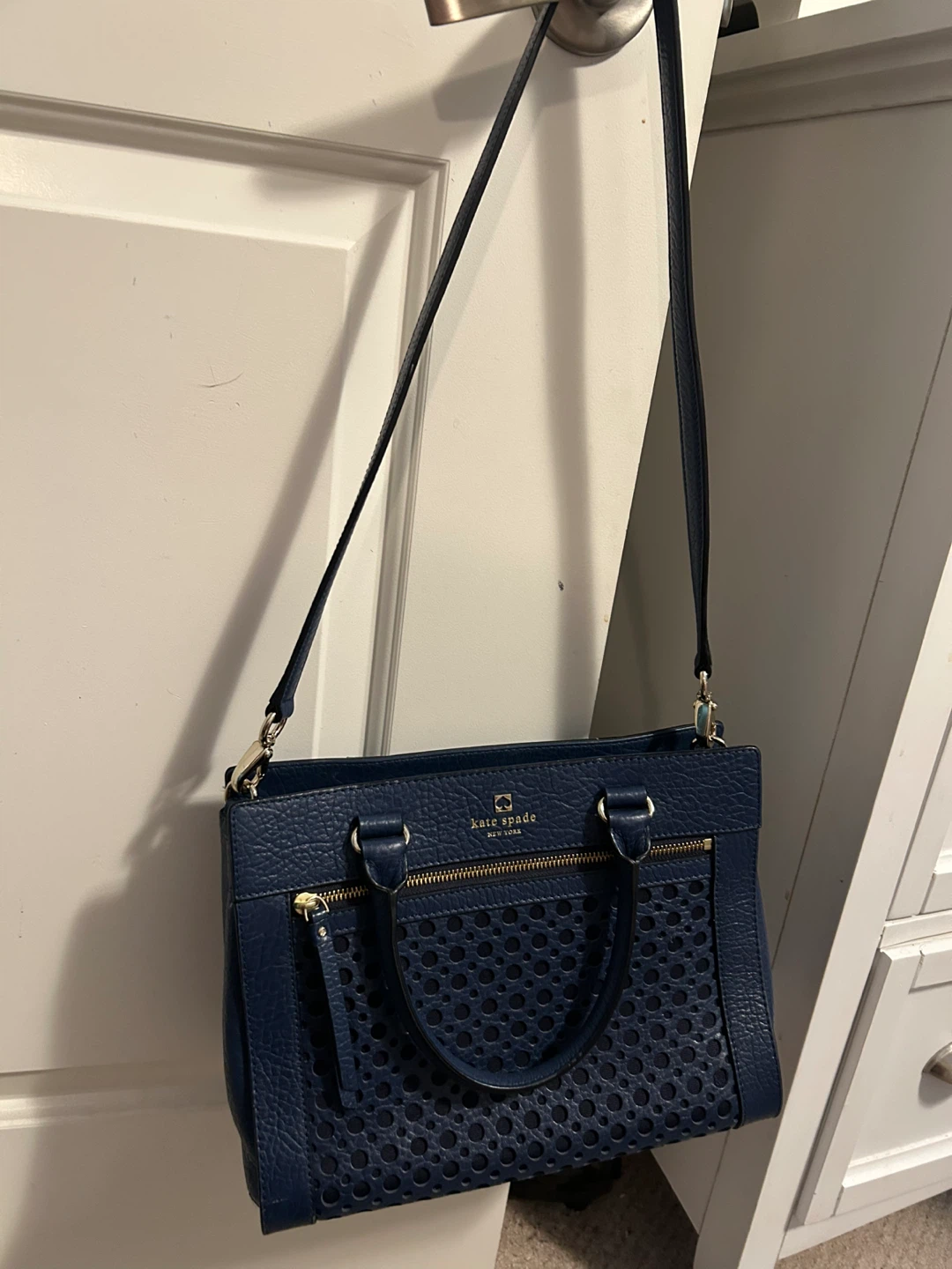 Kate Spade Navy Blue Perforated Leather Satchel Handbag - photo 2