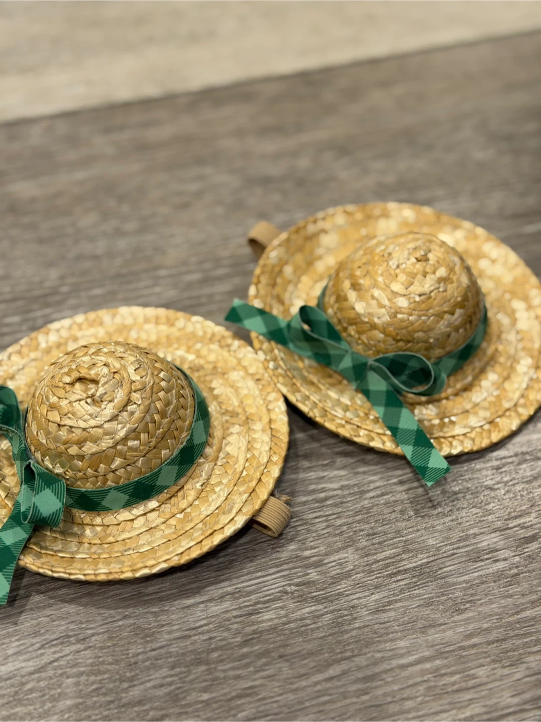 Mini Straw Hats with Green Ribbon Set for cats or small pet.