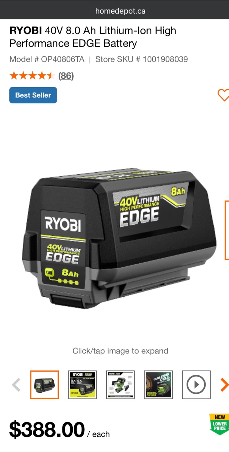 Ryobi 40V 8.0 Ah Lithium-Ion EDGE Battery