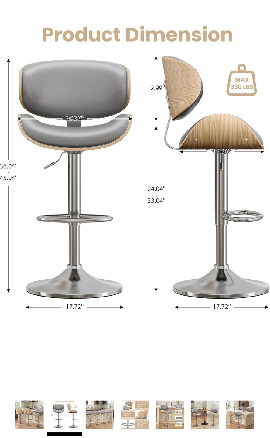 Set of 3 Grey Bentwood Swivel Bar Stools