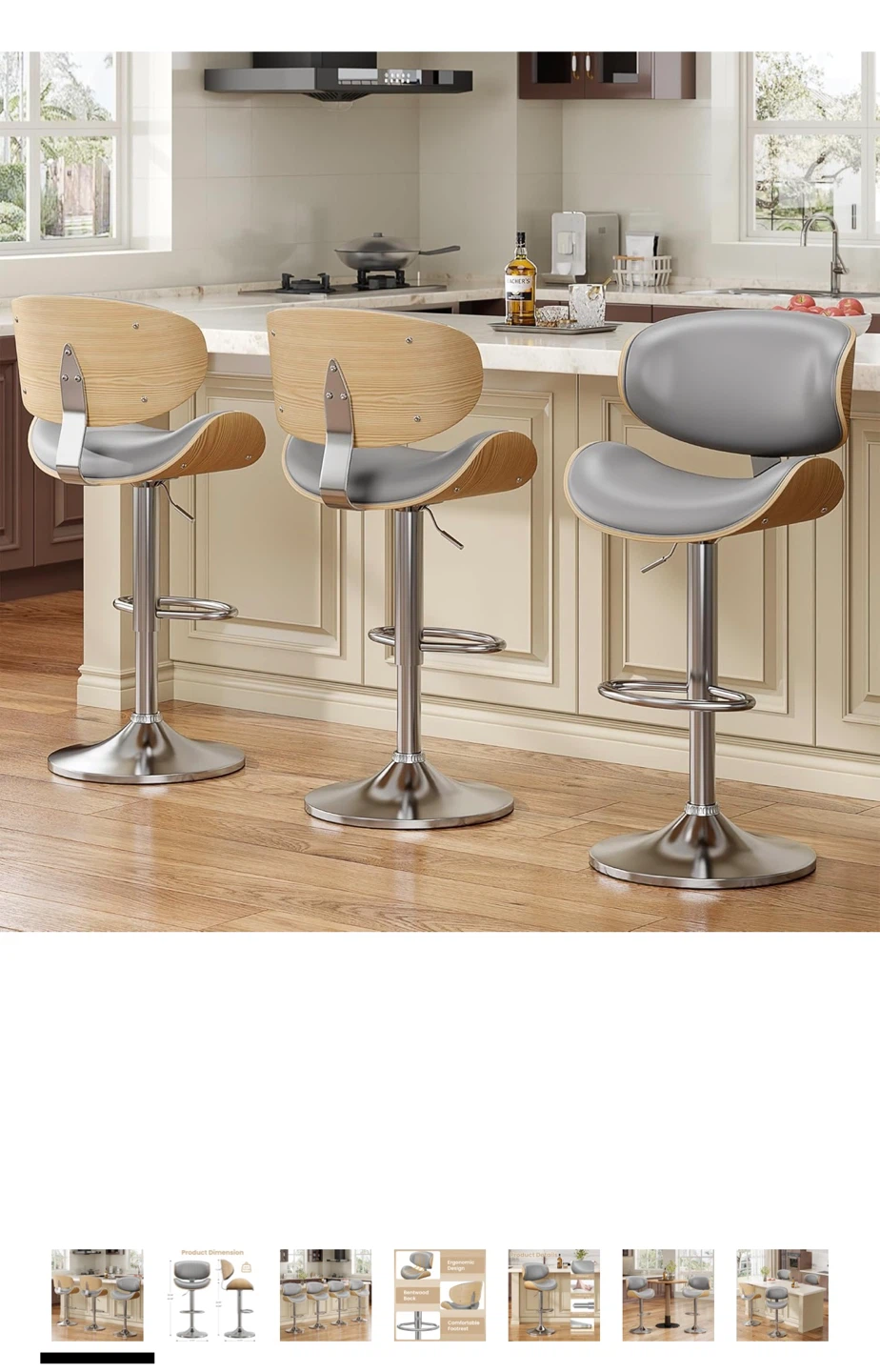 Set of 3 Grey Bentwood Swivel Bar Stools - photo 2