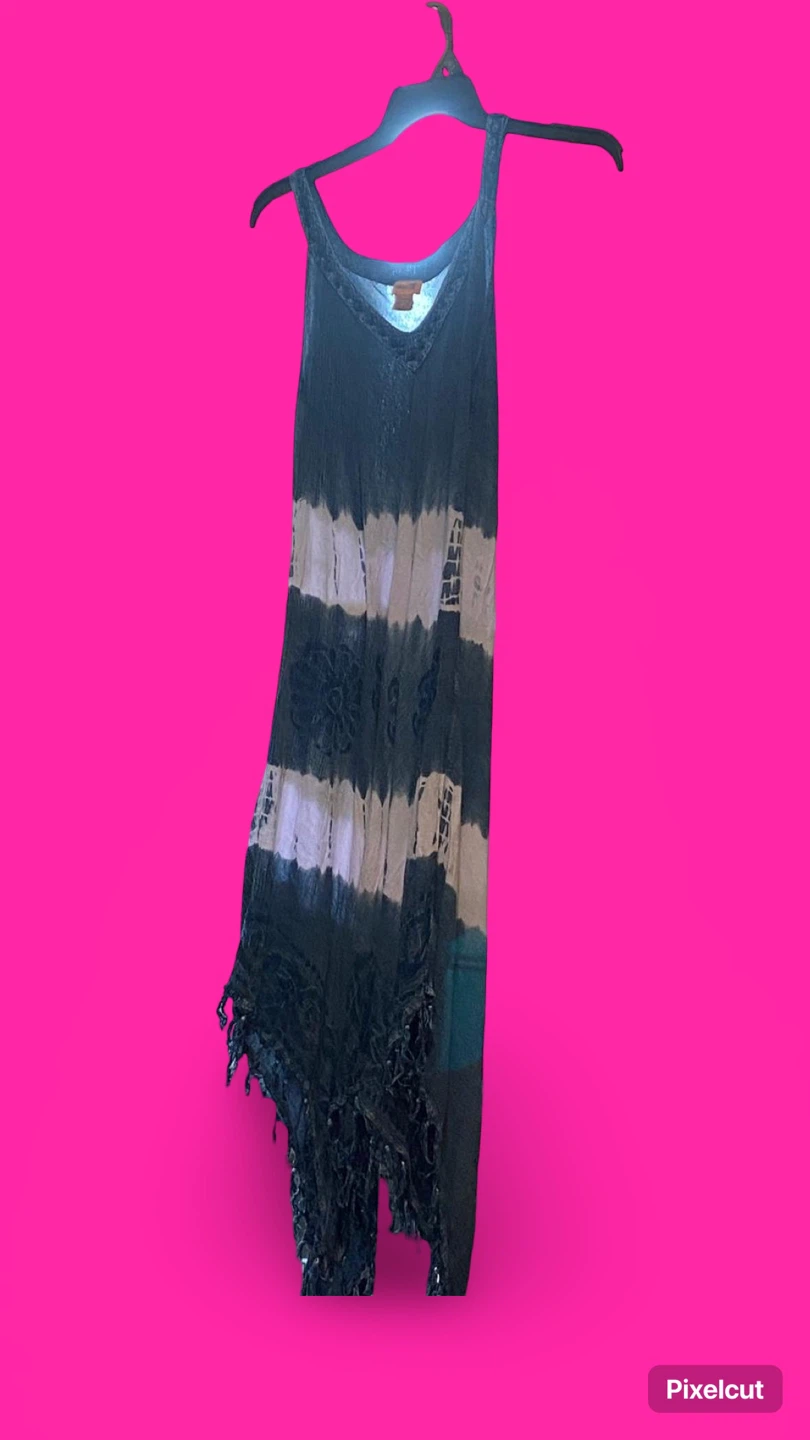 Blue & White Tie-Dye Maxi Dress with Fringe