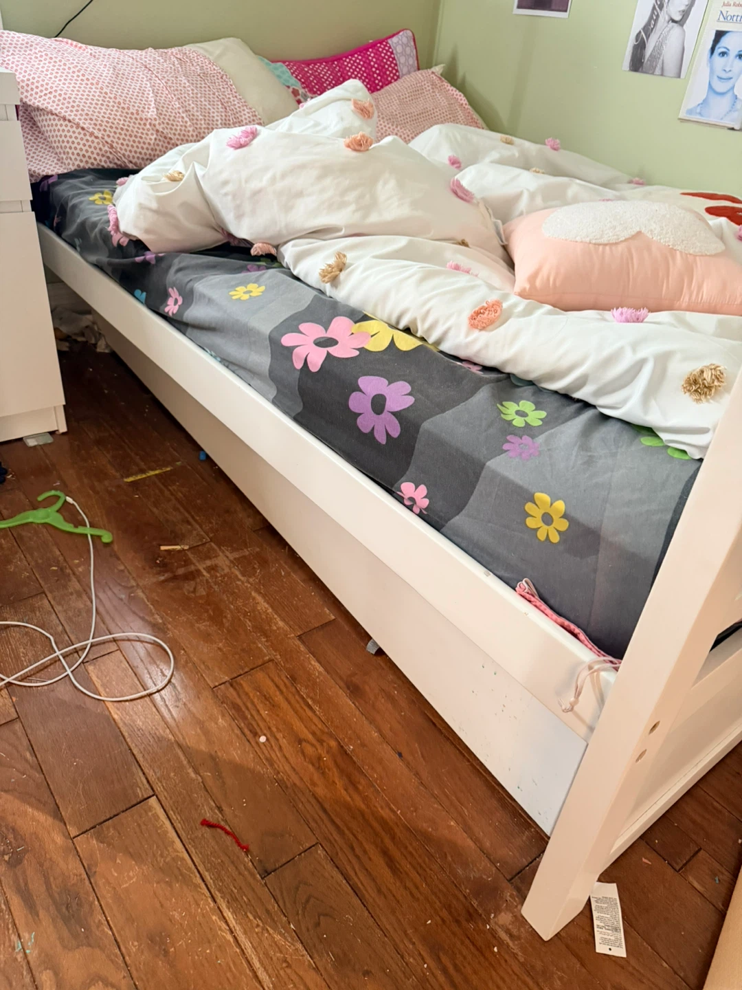 White Twin Bed Frame with pull out bed including the mattress