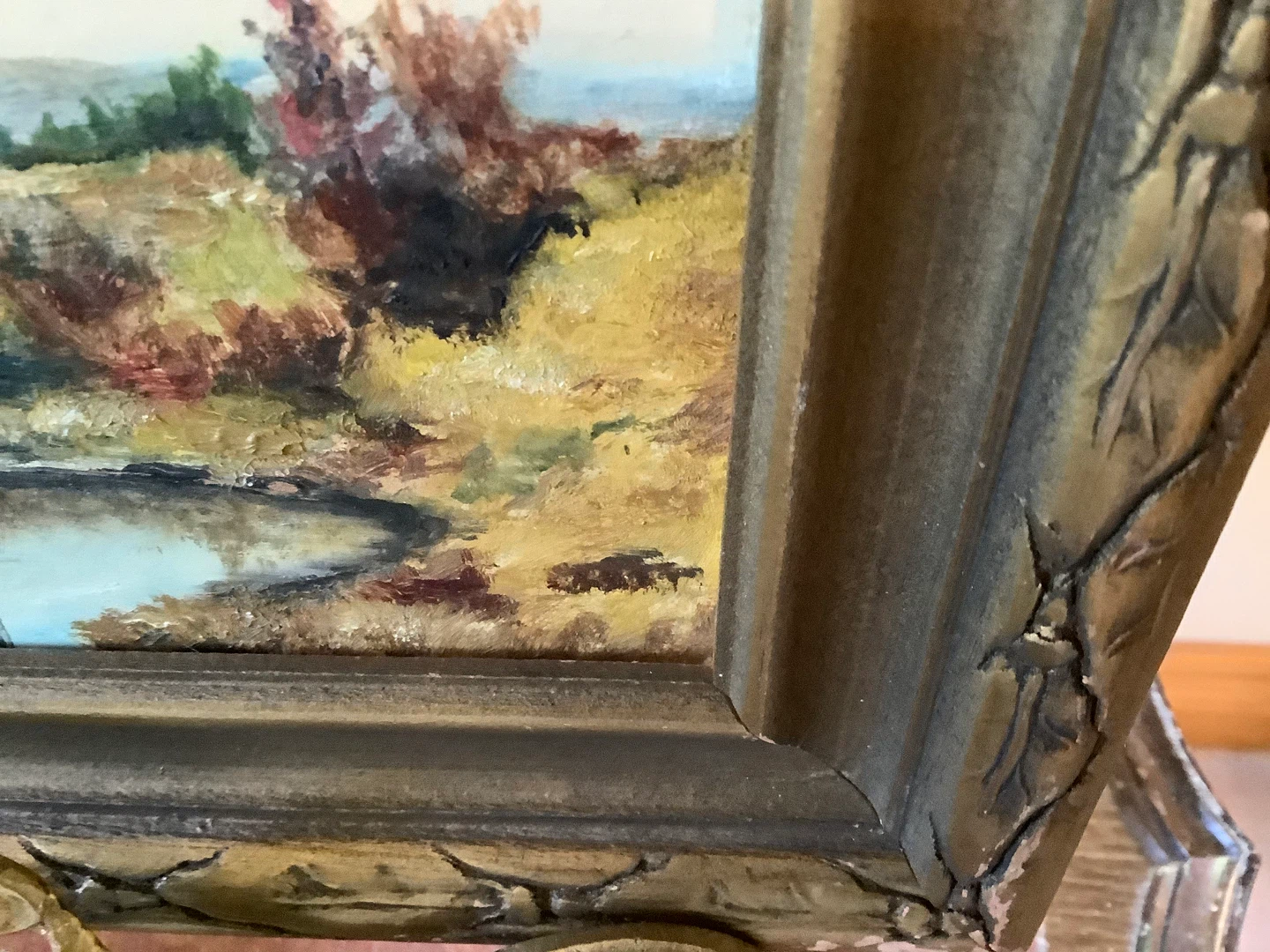 Antique Landscape Acrylic Ptg Ornate Gold Coloured Wd Frame 🐞 - photo 2