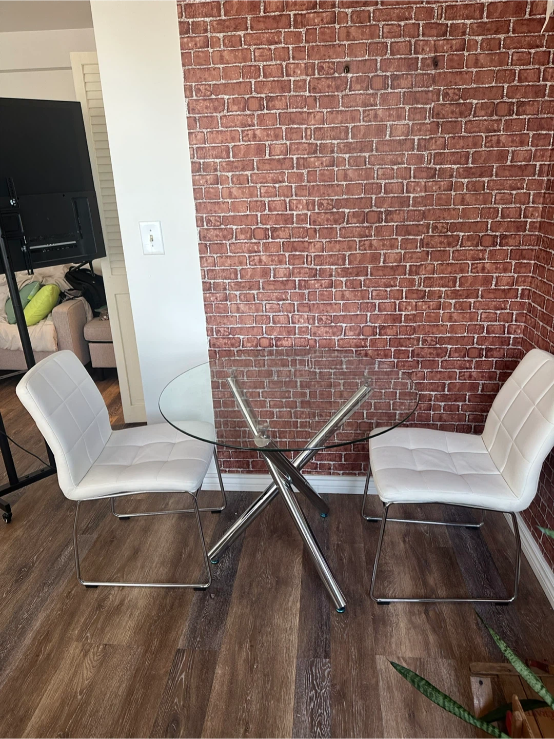 Glass Dining Table with 2 White Chairs