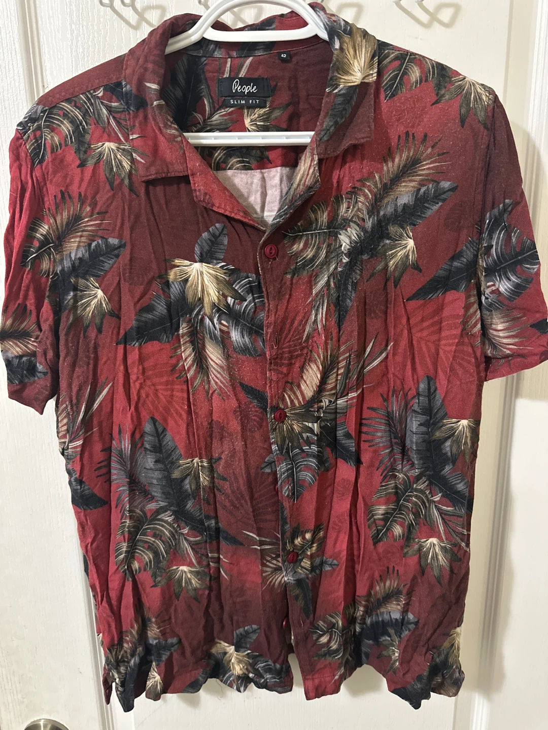 People Slim Fit Short Sleeve Button-Up Shirt Size 42