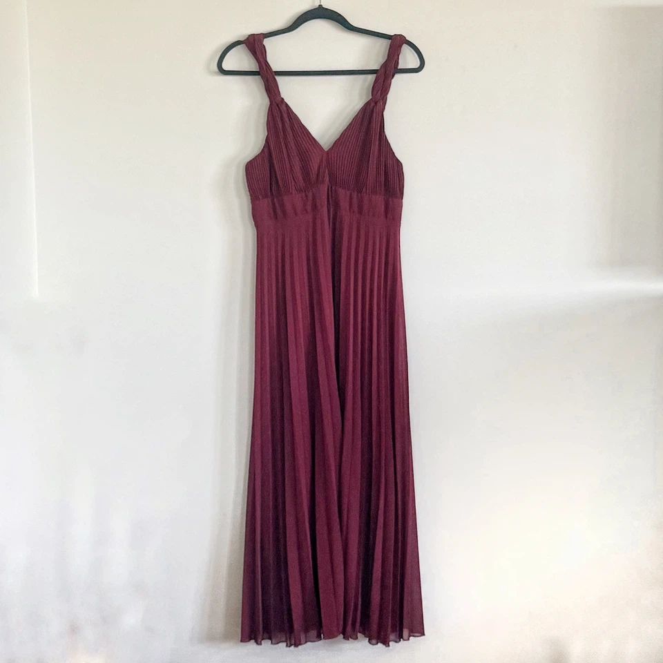 Zara Burgundy Pleated Midi Dress with Braided Straps
