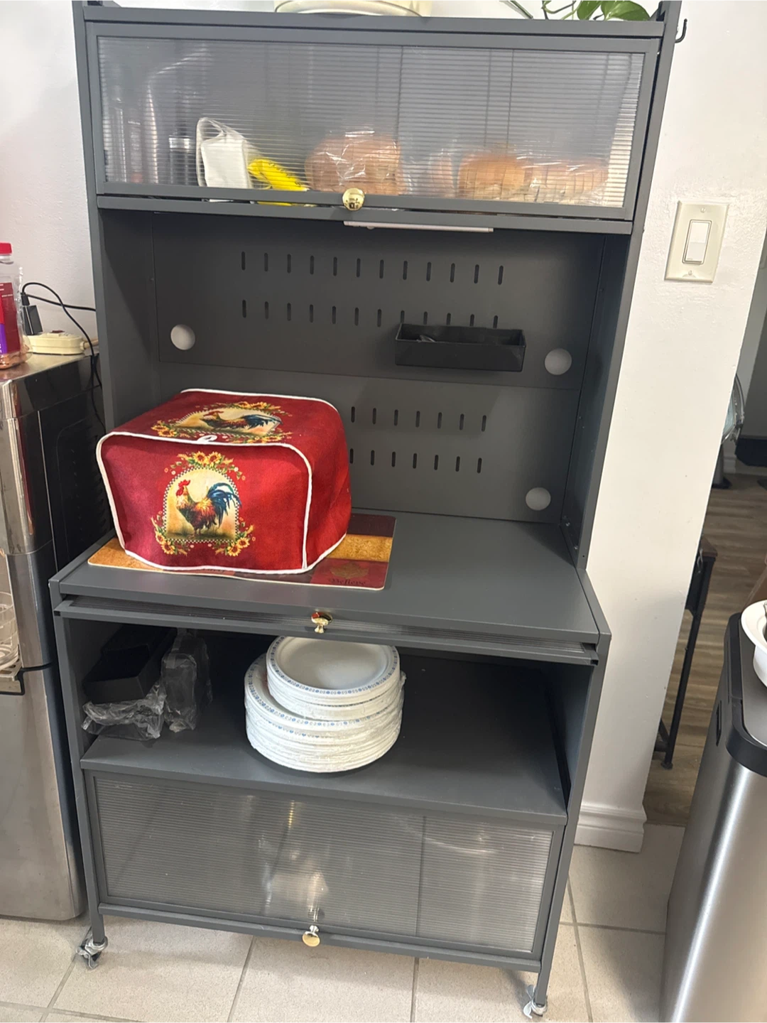 Grey Kitchen Storage Cart with Glass Doors