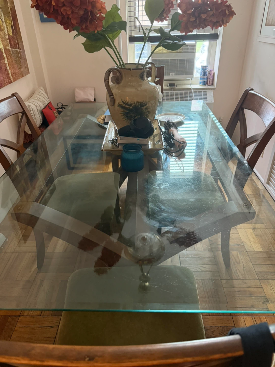 Glass Top Dining Table with Wooden Chairs