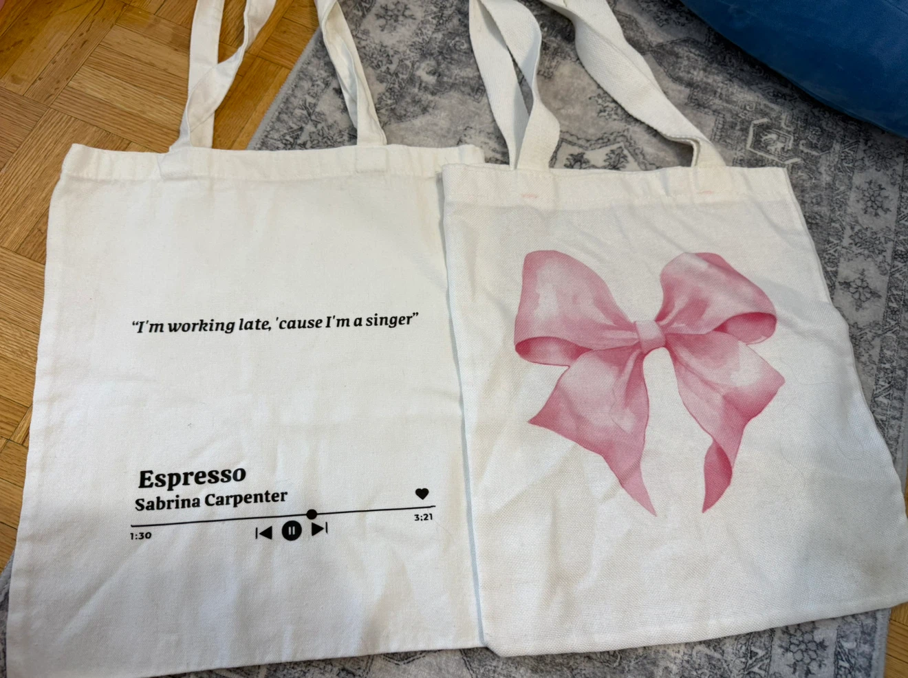 Sabrina Carpenter Espresso Tote Bag and a bow tote bag