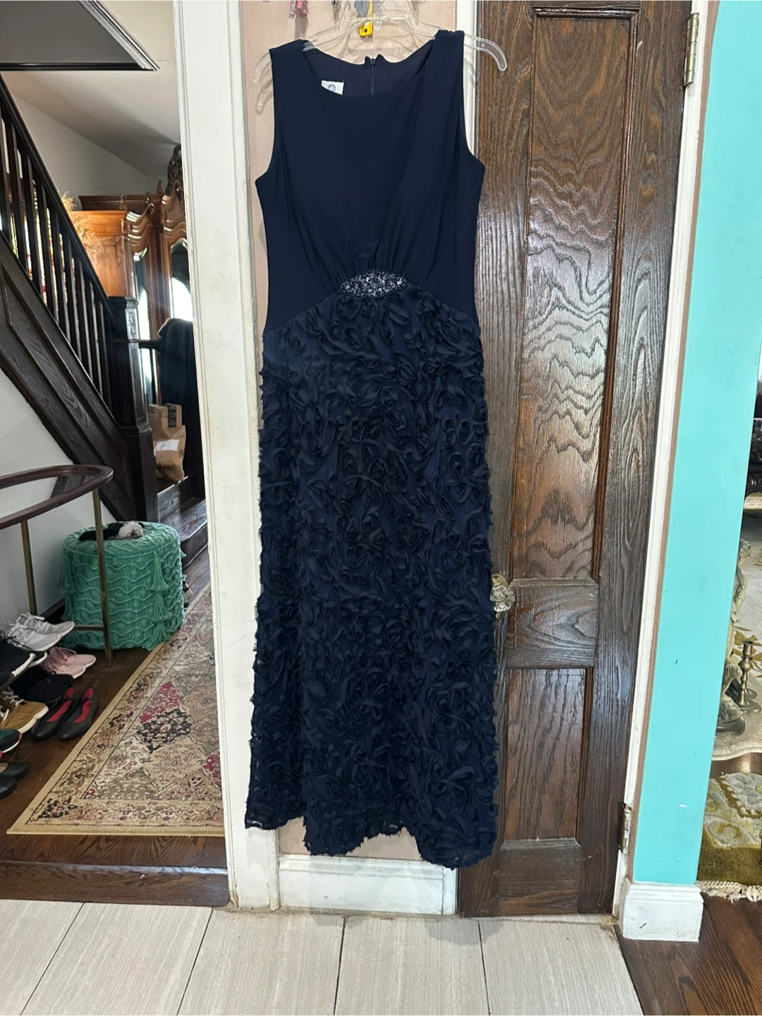 Patra Navy Blue Embellished Ruffle Dress
