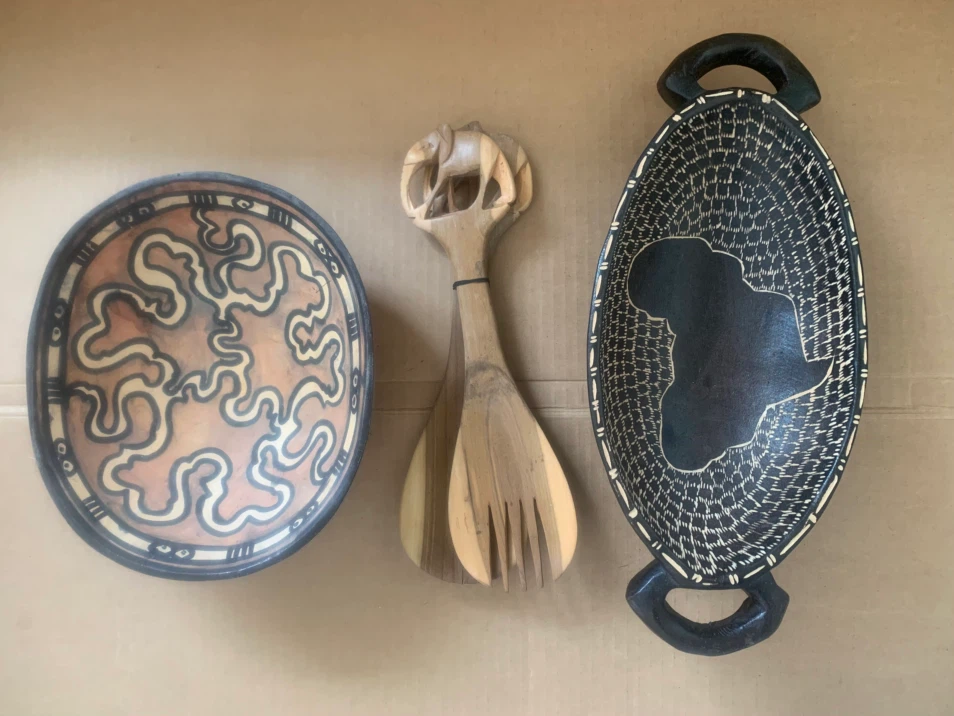Vintage Hand-Carved African Folk Art Wooden Serving Pieces