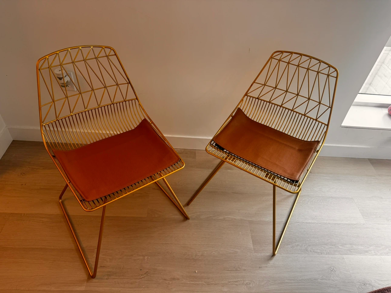 Set of 2 Gold Wire Chairs with Brown Seat Cushions