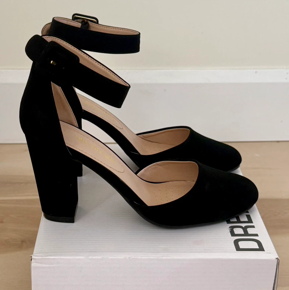 Dream Pairs Black Suede Block Heel Ankle Strap Heels