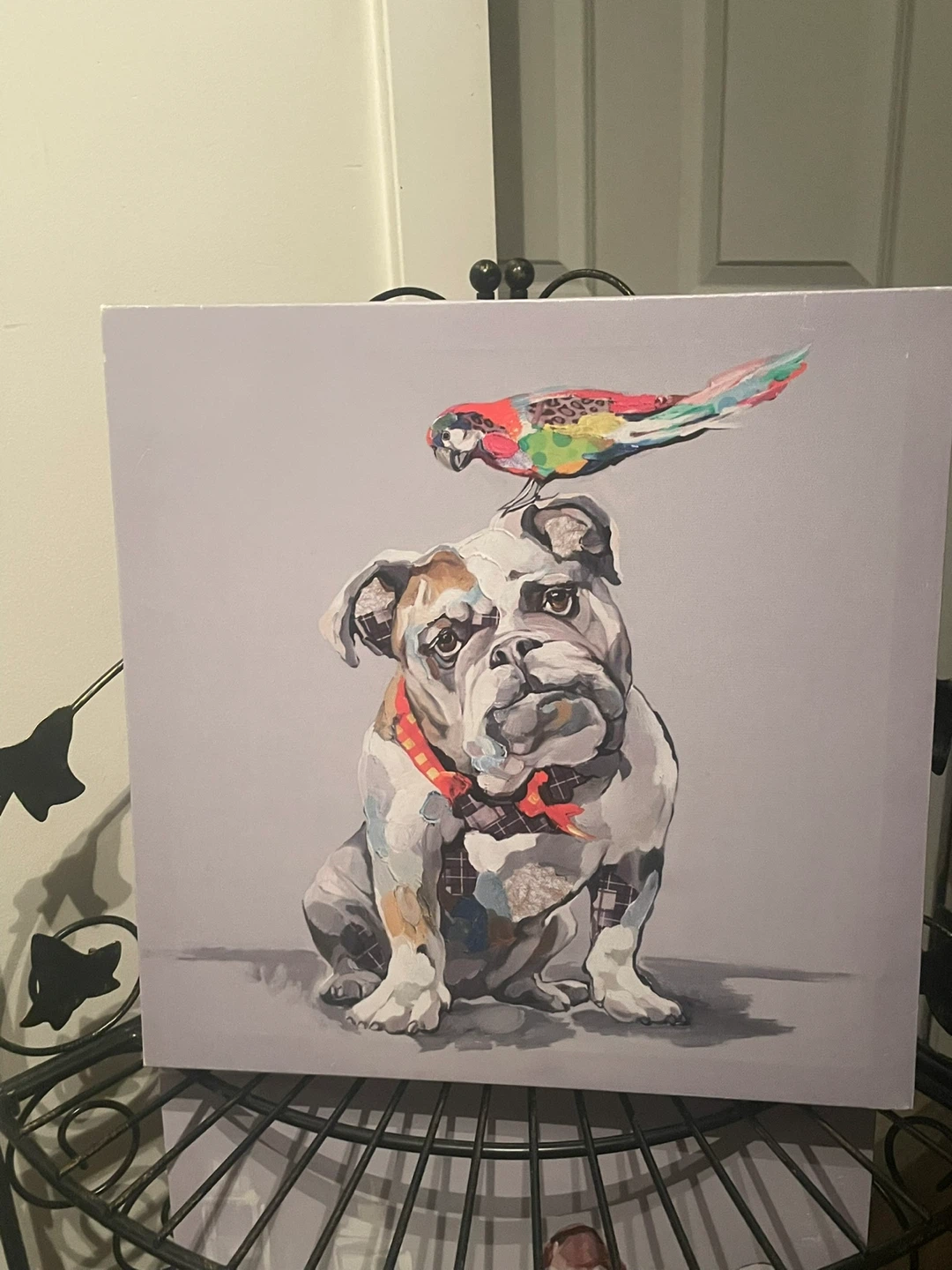 Canvas Print: Bulldog with Parrot