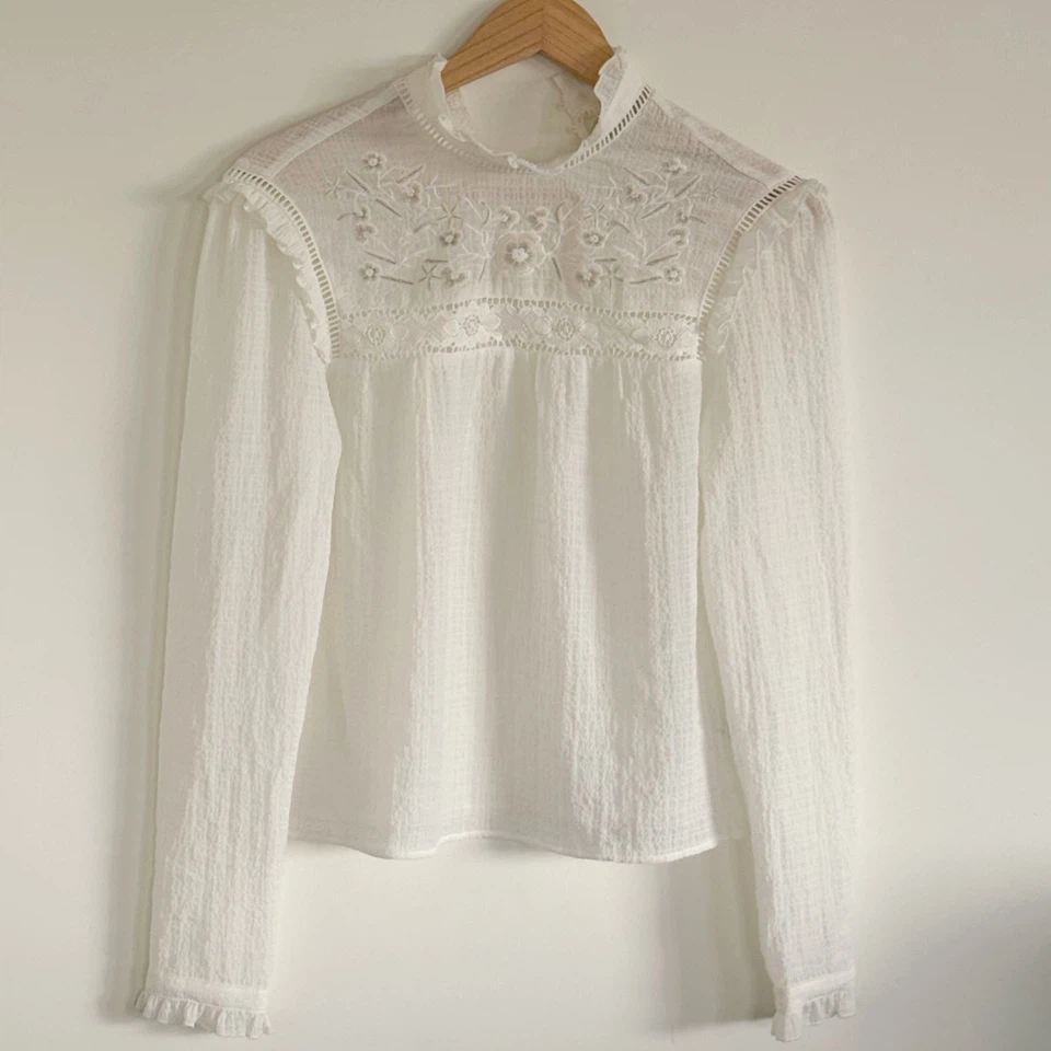 H&M White High-Neck Embroidered Lace Yoke Blouse