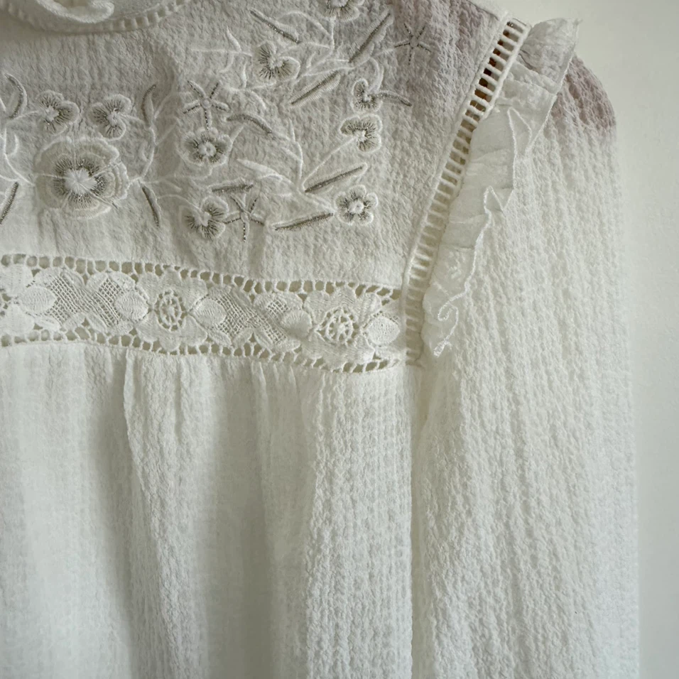 H&M White High-Neck Embroidered Lace Yoke Blouse - photo 2