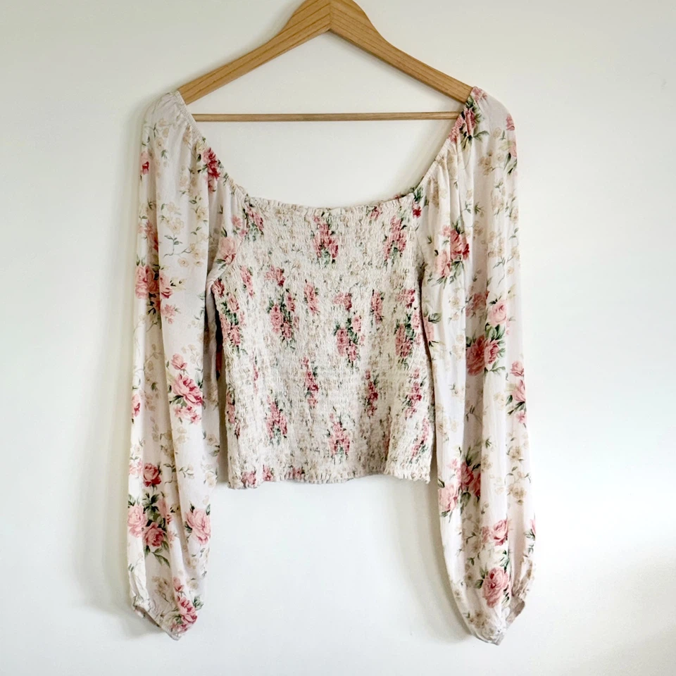 American Eagle Cream Floral Smocked Off-Shoulder Blouse