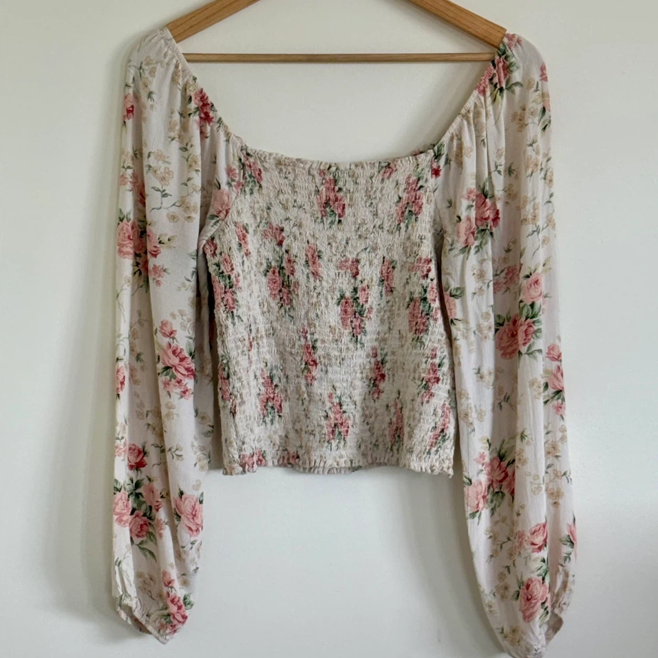 American Eagle Cream Floral Smocked Off-Shoulder Blouse - photo 4