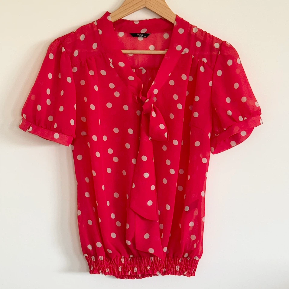 Cute Red Short-Sleeved Tie-Neck Polka Dot Blouse