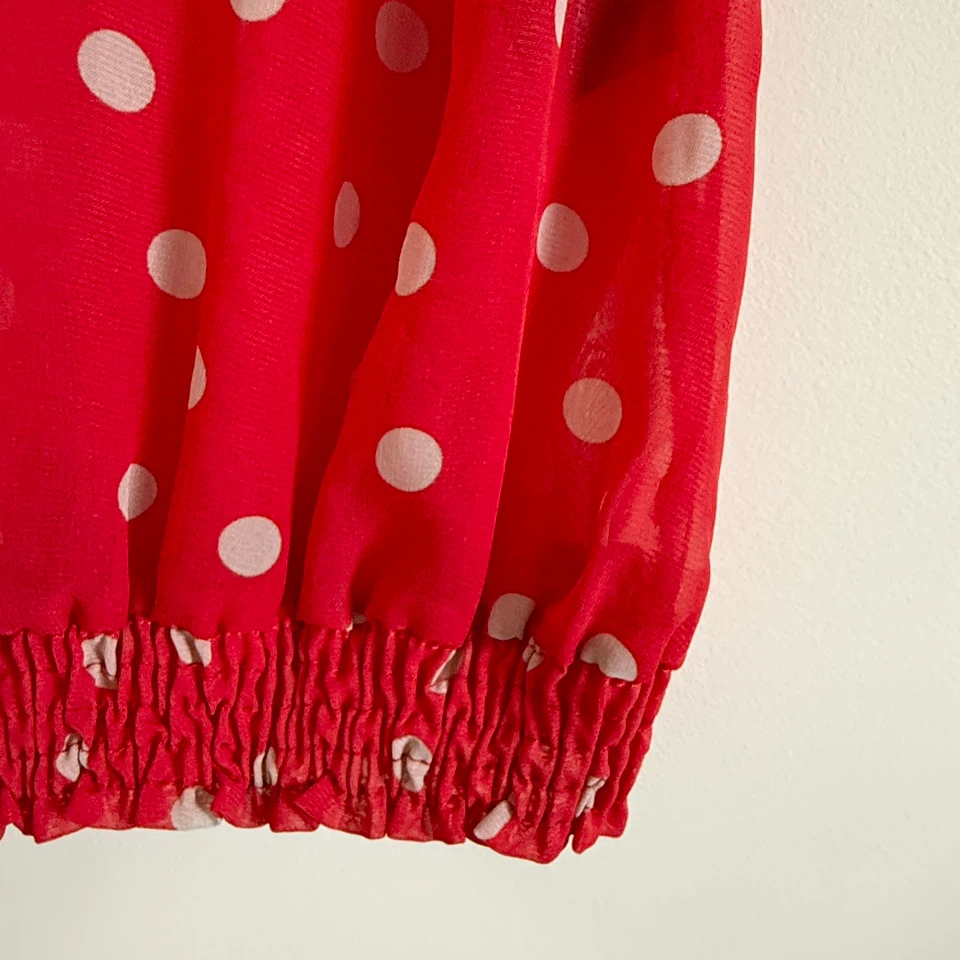 Cute Red Short-Sleeved Tie-Neck Polka Dot Blouse - photo 5