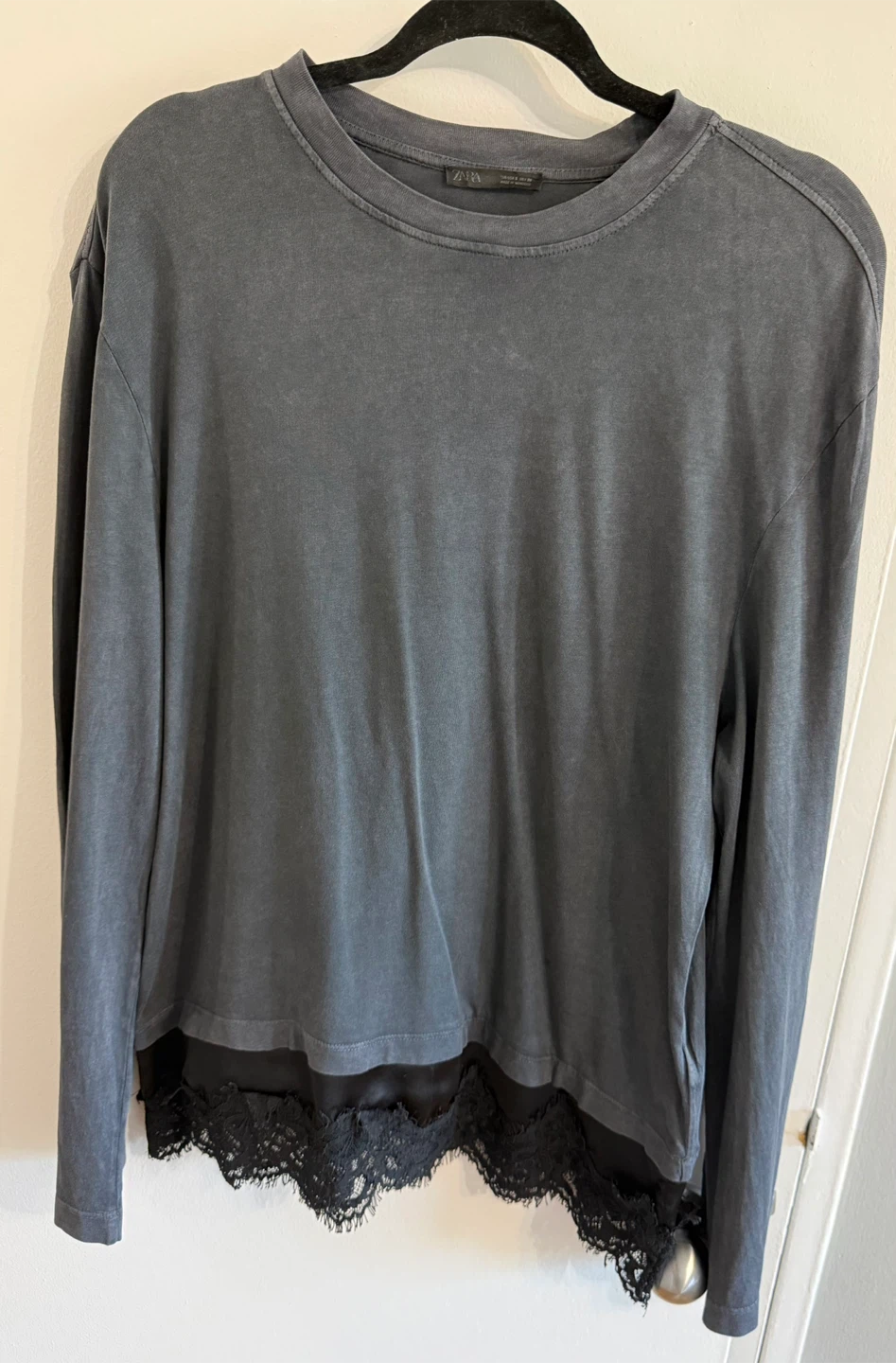 Zara Grey Long Sleeve Shirt with Lace Trim
