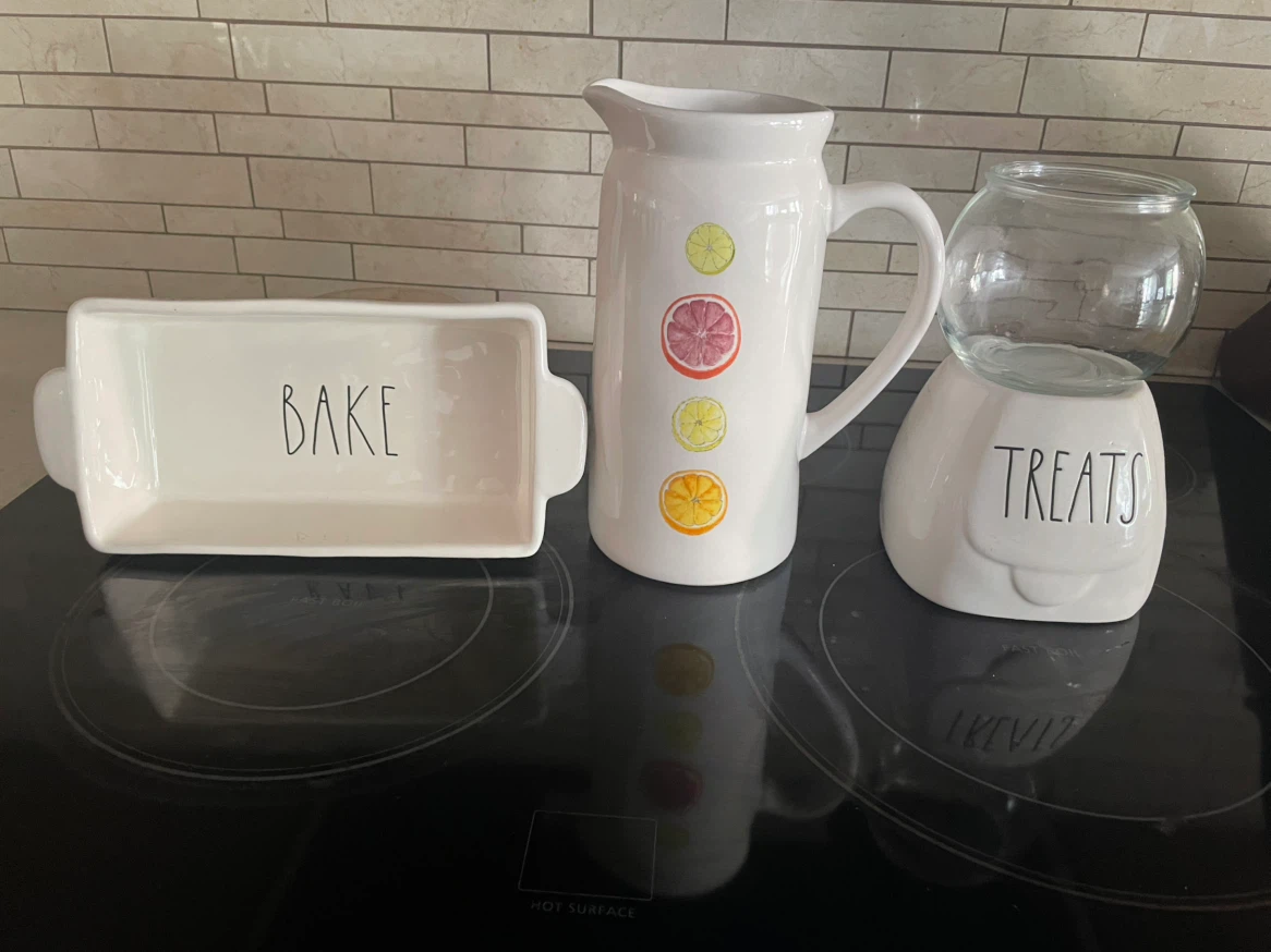 Rae Dunn "Bake" Loaf Pan, Citrus Pitcher, and "Treats" Jar